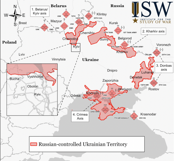 Letzter Stand der Truppenbewegungen in der Ukraine. Russisch kontrollierte Gebiete in rot. Quelle: Institute for the Study of War.